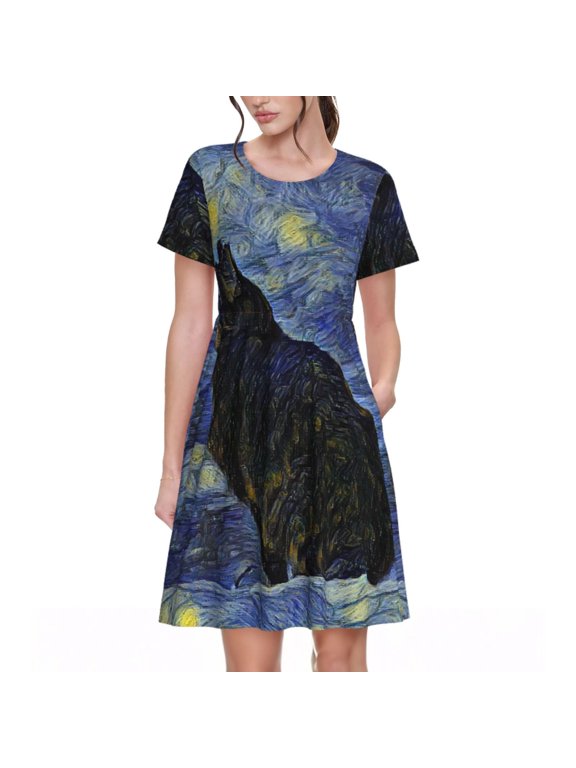 Shambhala Cat In Van Gogh Impressionist Print Womens Summer Dress,Casual Short Sleeve Sundresses,Beach A-line Shift Dress with Pockets