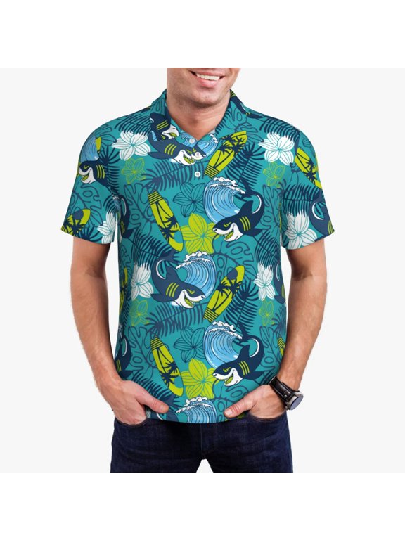 Shark And Leaves Print Mens Polo Shirts,Mens Golf Polo Shirts,Short Sleeve Casual Polo Shirts for Men,Summer Fashion Beach Shirts-Medium