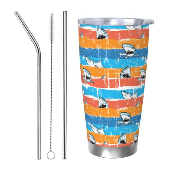 Logiee Shark On Line Print 20OZ Car Cup with Lid, Stainless Steel Vacuum Insulated Double Wall Travel Tumbler, Durable Insulated Coffee Mug,Thermal Cup with Straw-Straw Three-piece Set