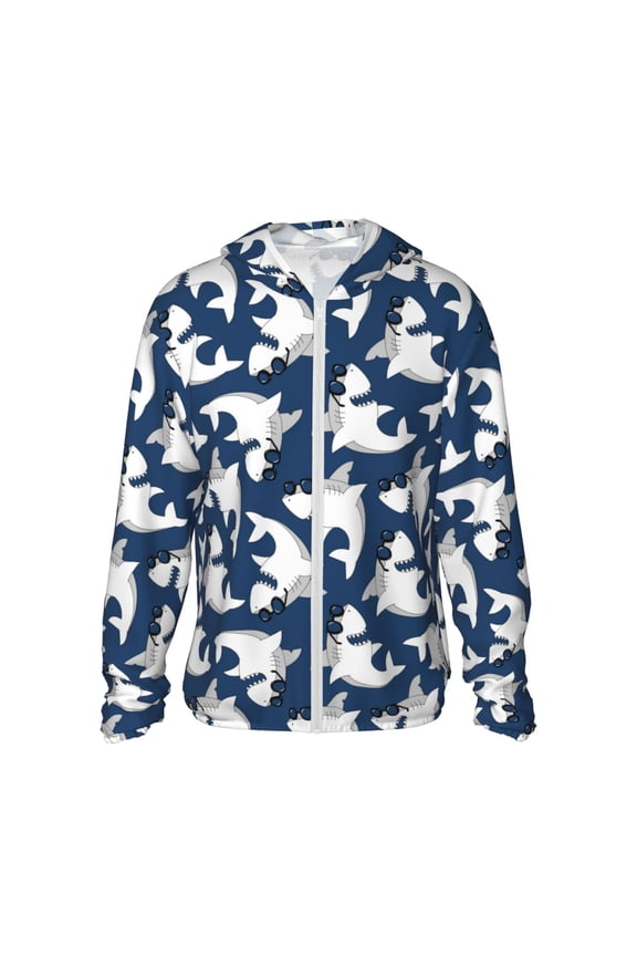 Shark Print Men's Women Light Jacket Full Zip Sun Protection Hoodie Long Sleeve Sun Shirts for Men Hiking Fishing Zip Pockets-3X-Large