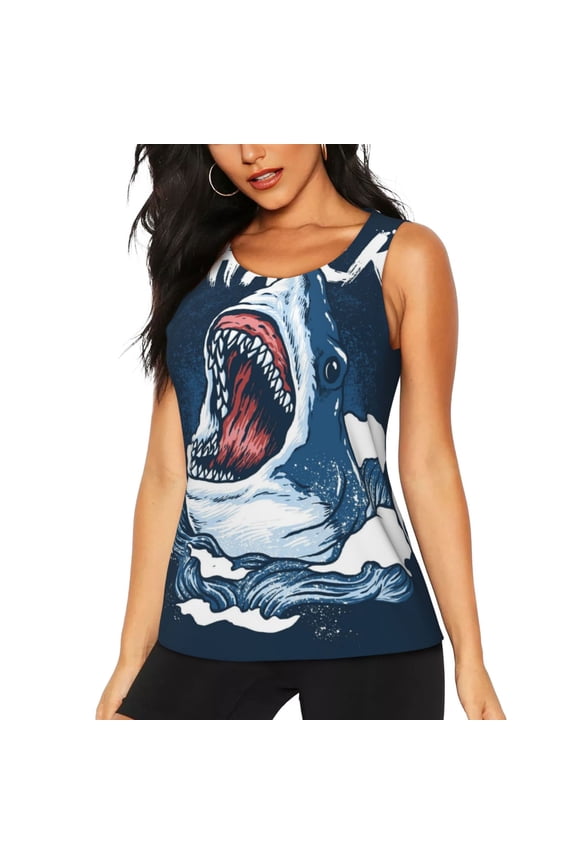 Shark Print Women's Workout Tank Top, Dry Fit Summer Tank Top,Gym Yoga Workout Sports Tee,Sleeveless Athletic Shirts-XX-Large