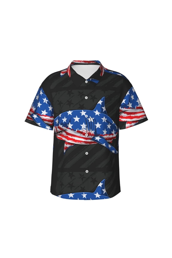 Shark With USA Flag Print Mens Hawaiian Shirts,Loose-Fit Short Sleeve Button Down Tropical Aloha Beach Shirt,Summer Vacation Wedding Tops,Small