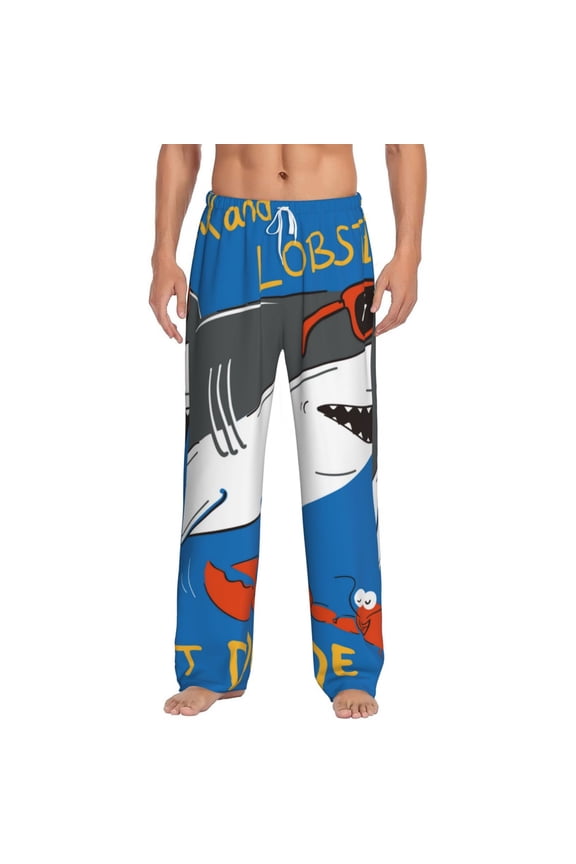 Shark With Sunglasses and Lobste Print Pajama Pants for Men,Men’s Pajama Bottoms,Mens PJ Pants with Pockets & Button Fly-Medium