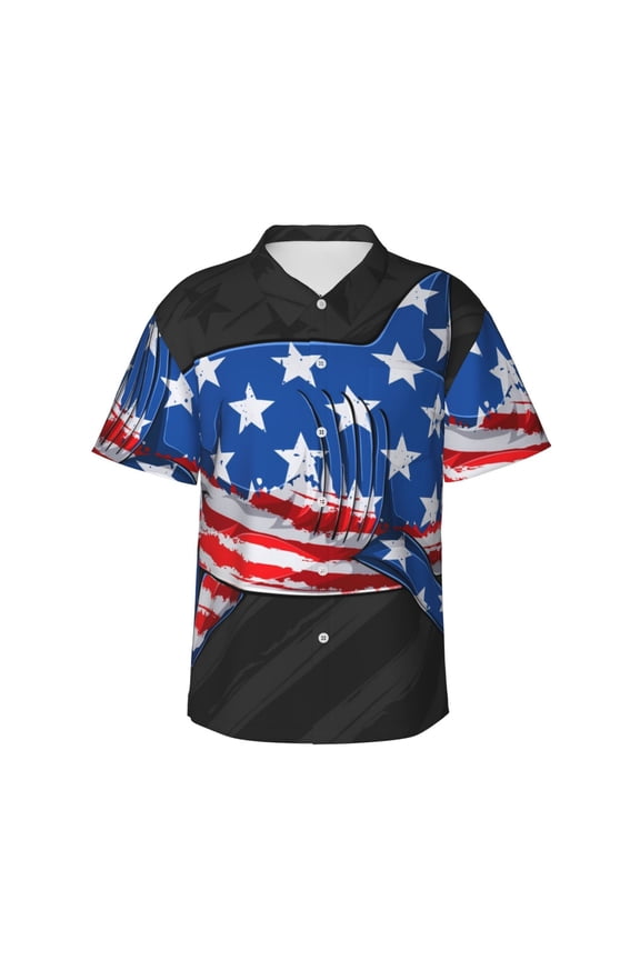 Shark With USA Flag Print Mens Hawaiian Shirts,Loose-Fit Short Sleeve Button Down Tropical Aloha Beach Shirt,Summer Vacation Wedding Tops,Small