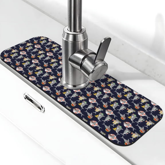 Logiee Sharks In Sunglasses Print Kitchen Sink Splash Guard Faucet Mat for Splash Guard Behind Faucet Drip Catcher for Kitchen,Bathroom,Sink Mat,Dish Drying Mat,Bathroom-15" X 5.5"