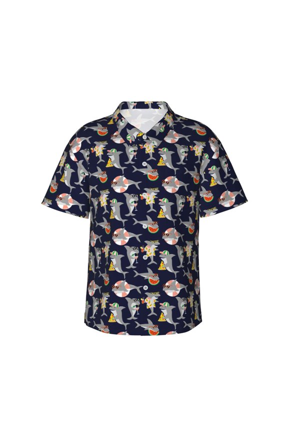 Sharks In Sunglasses Print Mens Hawaiian Shirts,Loose-Fit Short Sleeve Button Down Tropical Aloha Beach Shirt,Summer Vacation Wedding Tops,Small