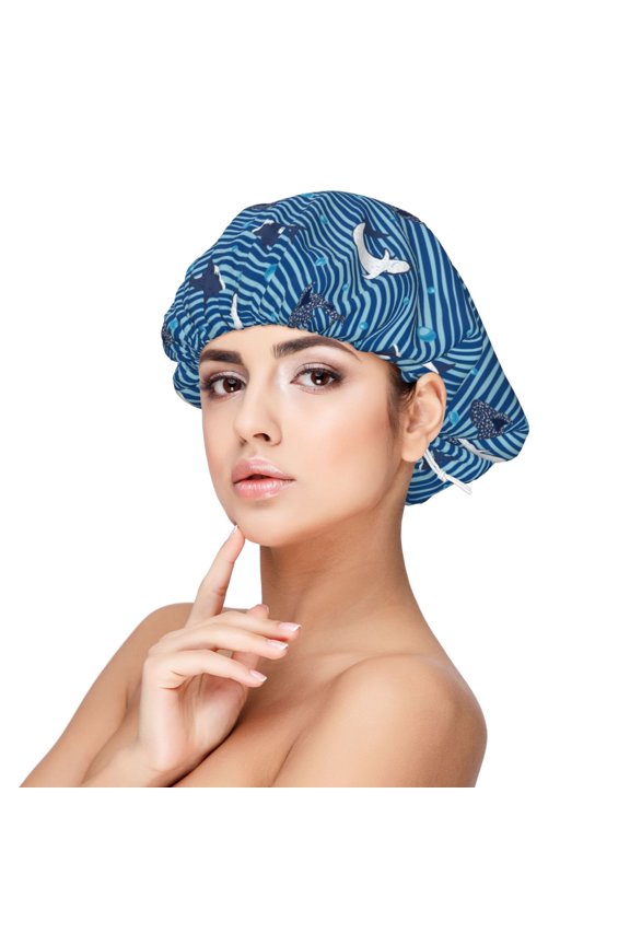 Sharks on White Blue Striped Print Silk Bonnet Satin Bonnet for Sleeping Women and Men,Double Layer Hair Bonnet for Curly Braids Hair