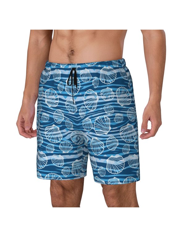 Shell Print Men's Swim Trunk,Quick Dry Board Shorts ,Men's Swim Trunks with Compression Liner, Bathing Suits with Pockets-Large
