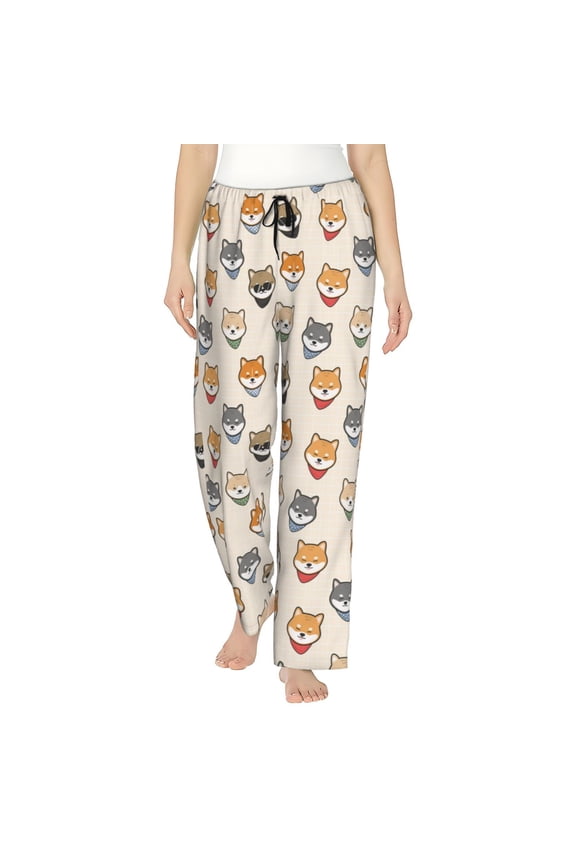 Shiba Head Face Print Women Pajama Pants,Comfy Pj Bottom with Pockets & Drawstring,Stretch Casual Sleepwear-X-Large