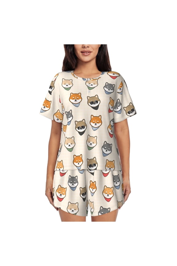Shiba Head Face Print Womens Pajamas Set,Short-Sleeve Pajama 2 Piece Sleepwear with Pockets-4X-Large