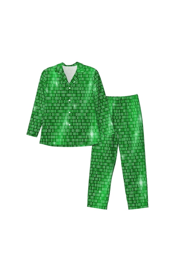 Shiny round green sequins Print Mens Long Sleeve Pajama Set,Notched Collar Pajamas for Men, Men's Sleepwear,Mens Sleepwear with Pockets & Button Down-Medium
