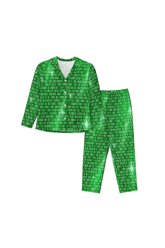 Shiny round green sequins Print Womens Pajamas Set,Long Sleeve Sleepwear,Button Down Lounge Set 2 Pieces,Soft Nightwear Pjs Set-X-Large