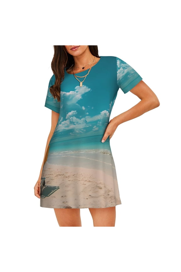 Shopping Cart On Tropical Beach Print Nightgowns for Women,Soft Short-Sleeved Lightweight Sleepwear, Loose Sleepshirts