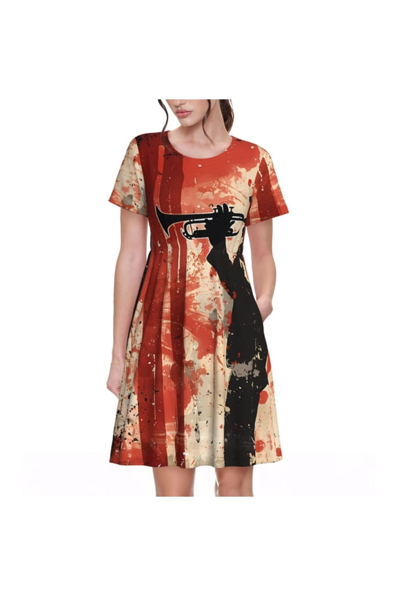 Silhouette Trumpet Red Art Print Womens Summer Dress,Casual Short Sleeve Sundresses,Beach A-line Shift Dress with Pockets