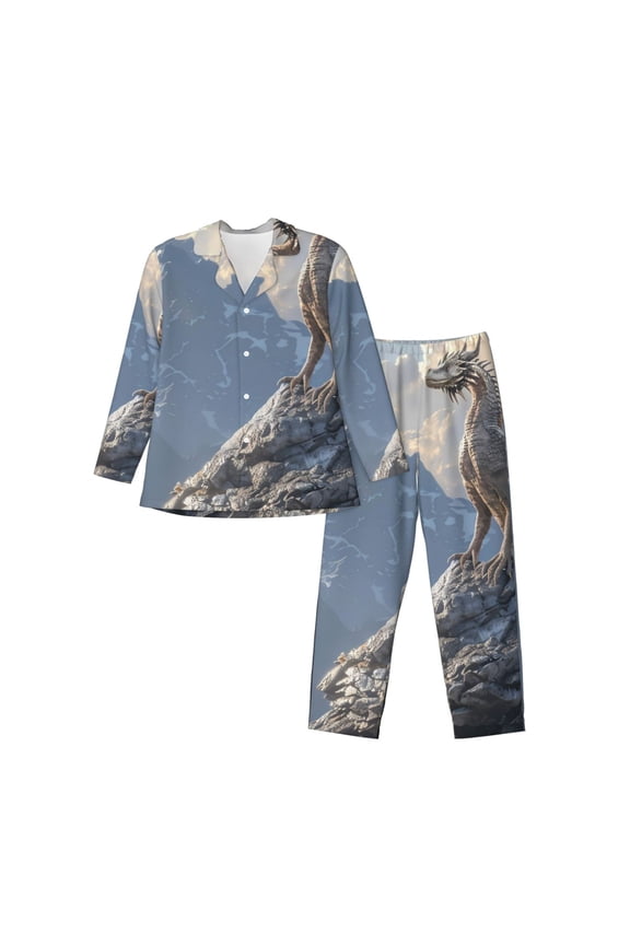 Silver Dragon Mountain Peaks Print Mens Long Sleeve Pajama Set,Notched Collar Pajamas for Men, Men's Sleepwear,Mens Sleepwear with Pockets & Button Down-Medium