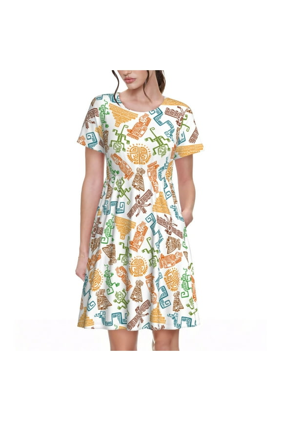 Simple Drawing Print Womens Summer Dress,Casual Short Sleeve Sundresses,Beach A-line Shift Dress with Pockets