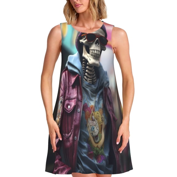 Logiee Skeleton Cool Street Fashion Print Summer Dresses for Women,Beach Sleeveless Flowy Pocket Tshirt Tank Sundresses,Women's Sleeveless Dress