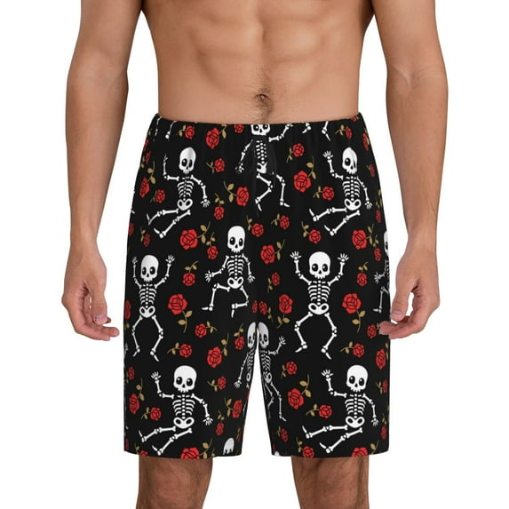 Logiee Skeleton with Roses Print Men's Pajama Shorts with Drawstring & Pockets,Sleep Shorts for Men,Sleepwear Bottoms,Elastic Waistband Loungewear-3X-Large