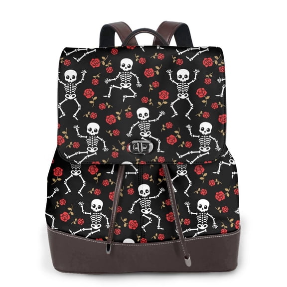 Logiee Skeleton with Roses Print Backpack Purse for Women,Fashion Leather Backpack Purse,Women's Leather Backpack for Work College Travel