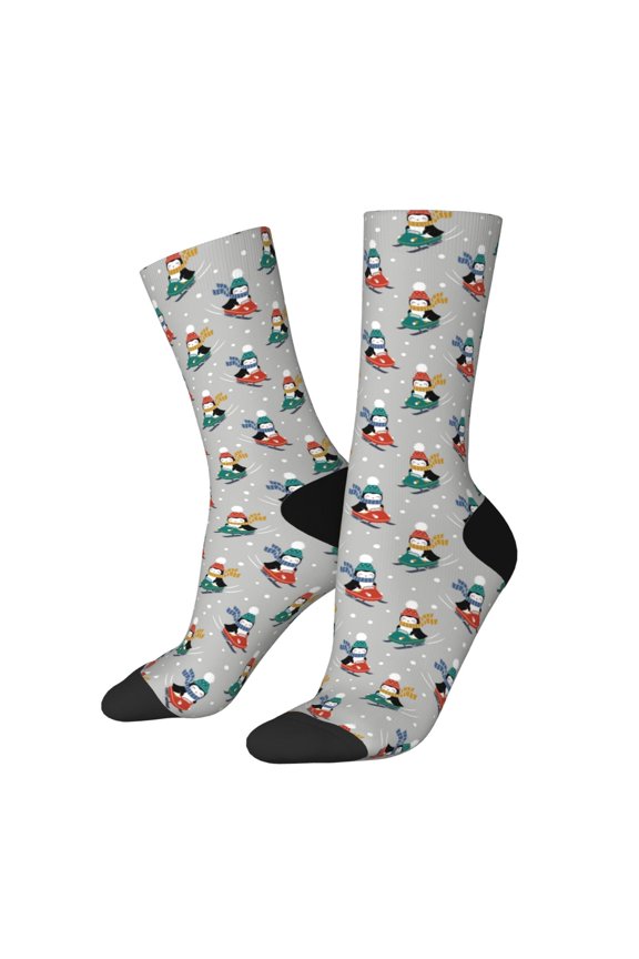 Skiing penguin Print Adult Socks for Men & Women,Calf Socks, Ankle Socks,Boots Socks,Breathable Casual Sock,Unisex Crew Socks