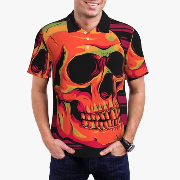 Logiee Skull And Flag Usa Print Mens Polo Shirts,Mens Golf Polo Shirts,Short Sleeve Casual Polo Shirts for Men,Summer Fashion Beach Shirts-XX-Large