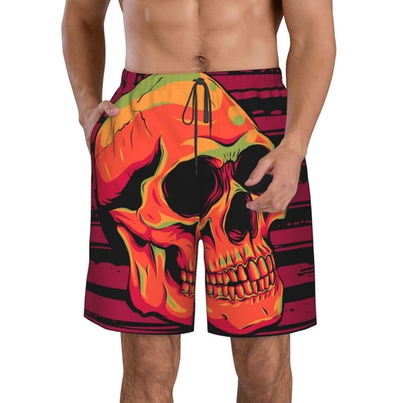 Logiee Skull And Flag Usa Print Mens Swim Trunks Quick Dry Board Shorts,Breathable Hawaii Beach Shorts Swimwear Bathing Suits-X-Large