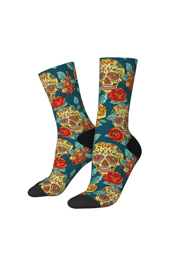 Skull And Flowers Print Adult Socks for Men & Women,Calf Socks, Ankle Socks,Boots Socks,Breathable Casual Sock,Unisex Crew Socks