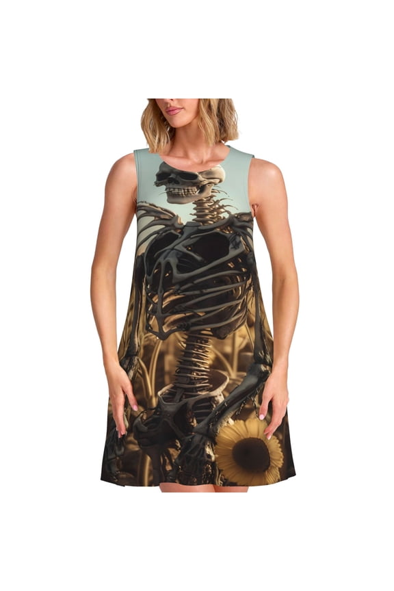 Skull Butterfly Sunflower Print Summer Dresses for Women,Beach Sleeveless Flowy Pocket Tshirt Tank Sundresses,Women's Sleeveless Dress