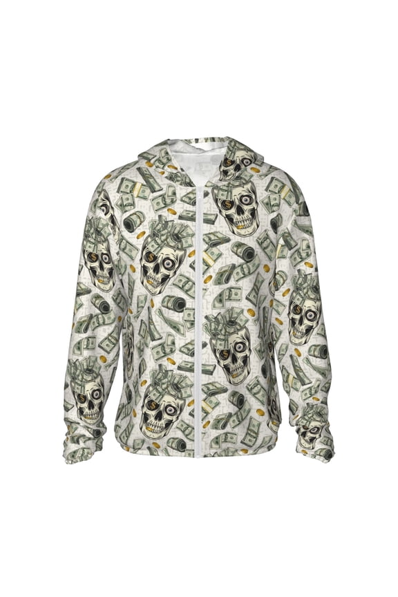 Skull with Cash Print Men's Women Light Jacket Full Zip Sun Protection Hoodie Long Sleeve Sun Shirts for Men Hiking Fishing Zip Pockets-X-Large