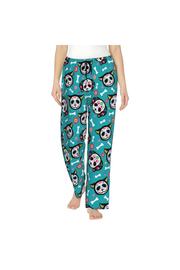 Skull Cat Print Women Pajama Pants,Comfy Pj Bottom with Pockets & Drawstring,Stretch Casual Sleepwear-X-Large