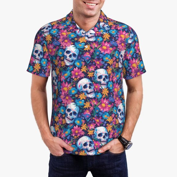 Logiee Skull Daisy Print Mens Polo Shirts,Mens Golf Polo Shirts,Short Sleeve Casual Polo Shirts for Men,Summer Fashion Beach Shirts-Small