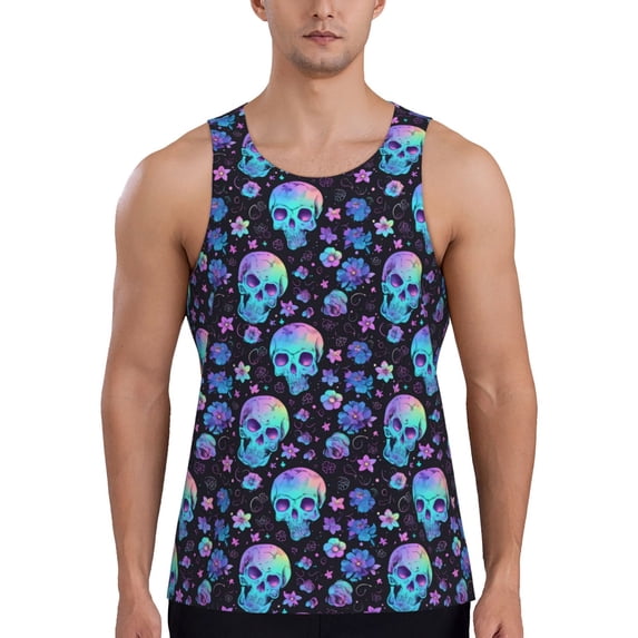 Logiee Skull Flower Blue Print Men's Workout Tank Top,Quick Dry Workout Tank Top,Gym Muscle Tee,Fitness Bodybuilding Sleeveless T Shirt-X-Large