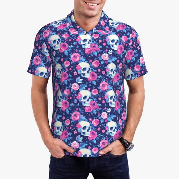 Logiee Skull Flower Print Mens Polo Shirts,Mens Golf Polo Shirts,Short Sleeve Casual Polo Shirts for Men,Summer Fashion Beach Shirts-XX-Large