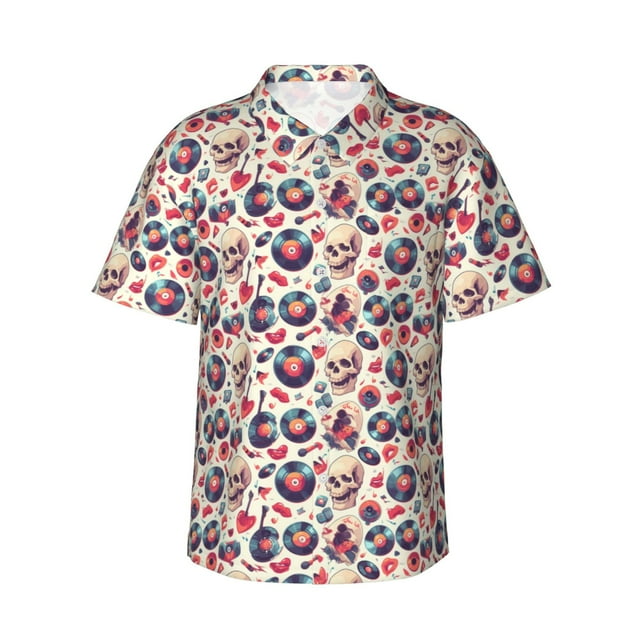 Logiee Skull Guitar record lips Print Mens Hawaiian Shirts,Loose-Fit Short Sleeve Button Down Tropical Aloha Beach Shirt,Summer Vacation Wedding Tops,Medium