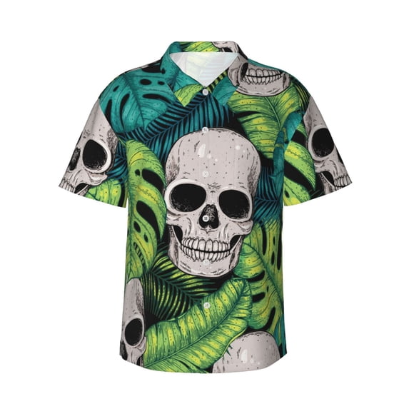 Logiee Skull and Palm Leaves Print Mens Hawaiian Shirts,Loose-Fit Short Sleeve Button Down Tropical Aloha Beach Shirt,Summer Vacation Wedding Tops,Large