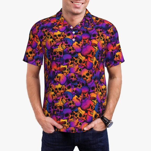 Logiee Skull Print Mens Polo Shirts,Mens Golf Polo Shirts,Short Sleeve Casual Polo Shirts for Men,Summer Fashion Beach Shirts-Large