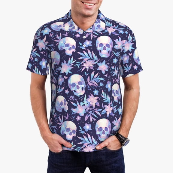 Logiee Skull Print Mens Polo Shirts,Mens Golf Polo Shirts,Short Sleeve Casual Polo Shirts for Men,Summer Fashion Beach Shirts-Medium