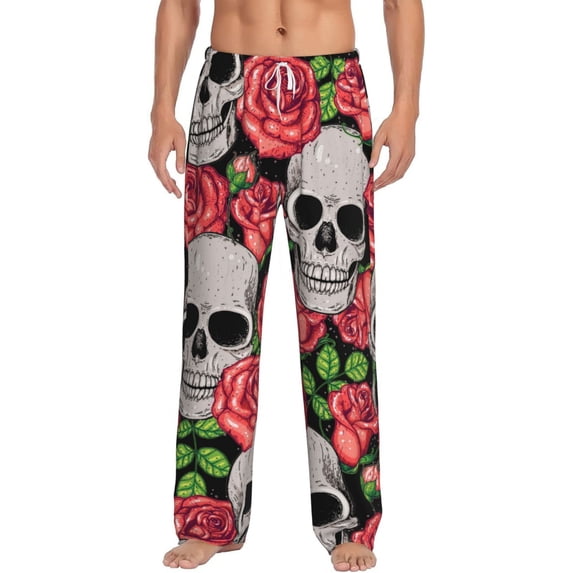 Logiee Skull and Roses Print Pajama Pants for Men,Men’s Pajama Bottoms,Mens PJ Pants with Pockets & Button Fly-Large