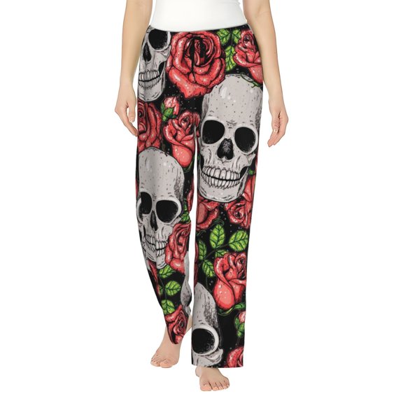 Logiee Skull and Roses Print Women Pajama Pants,Comfy Pj Bottom with Pockets & Drawstring,Stretch Casual Sleepwear-Medium