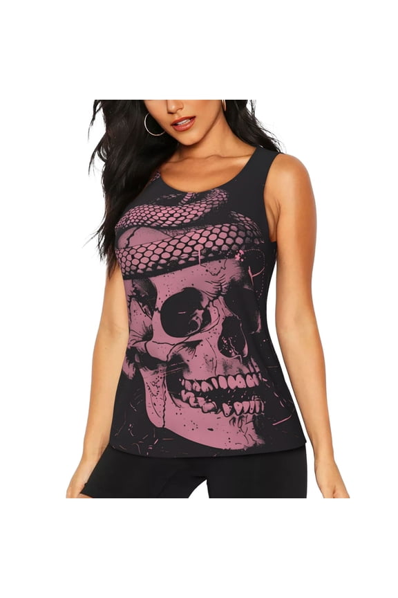 Skull and Snake Art Print Women's Workout Tank Top, Dry Fit Summer Tank Top,Gym Yoga Workout Sports Tee,Sleeveless Athletic Shirts-Medium