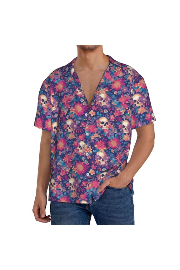 Skull colorful flower daisy Print Men's Button Down Shirts Short Sleeve, Summer Beach Shirts,Vacation Wedding Shirts,Men's Casual Button-Down Shirts with Pocket-XX-Large