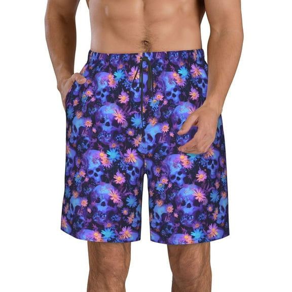 Logiee Skull daisy purple Print Mens Swim Trunks Quick Dry Board Shorts,Breathable Hawaii Beach Shorts Swimwear Bathing Suits-Medium