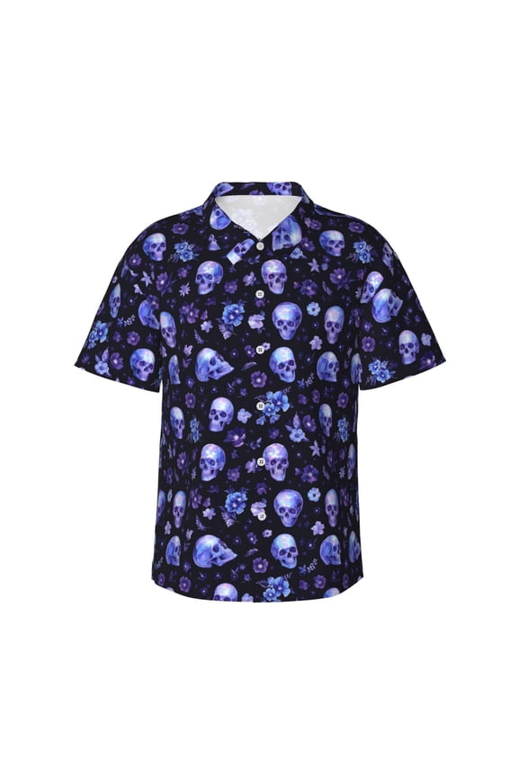 Skull flower leaf purple Print Mens Hawaiian Shirts,Loose-Fit Short Sleeve Button Down Tropical Aloha Beach Shirt,Summer Vacation Wedding Tops,Medium