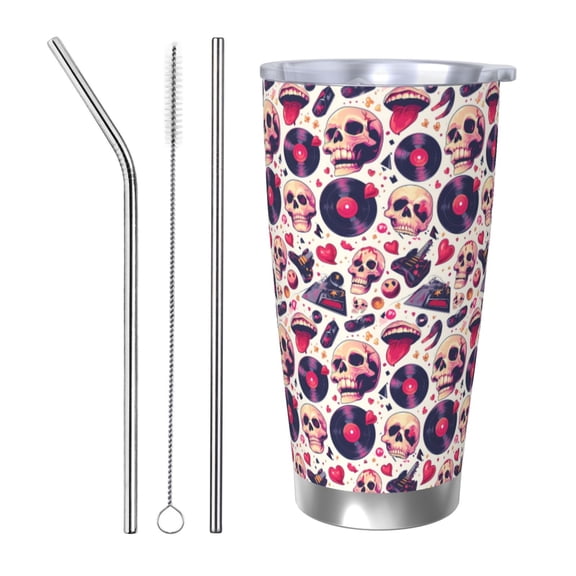 Logiee Skull lips record Guitar Print 20OZ Car Cup with Lid, Stainless Steel Vacuum Insulated Double Wall Travel Tumbler, Durable Insulated Coffee Mug,Thermal Cup with Straw-Straw Three-piece Set