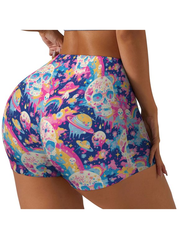 Skull rainbow color space Print Women's Biker Shorts,Workout Gym Shorts,Scrunch Shorts,Tummy Control Hidden Scrunch Running Yoga Shorts-Small