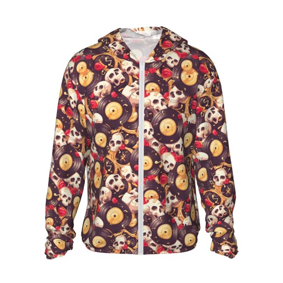 Logiee Skull record lips Print Men's Women Light Jacket Full Zip Sun Protection Hoodie Long Sleeve Sun Shirts for Men Hiking Fishing Zip Pockets-Medium