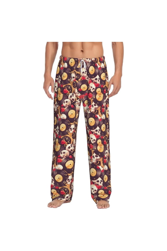 Skull record lips Print Pajama Pants for Men,Men’s Pajama Bottoms,Mens PJ Pants with Pockets & Button Fly-XX-Large