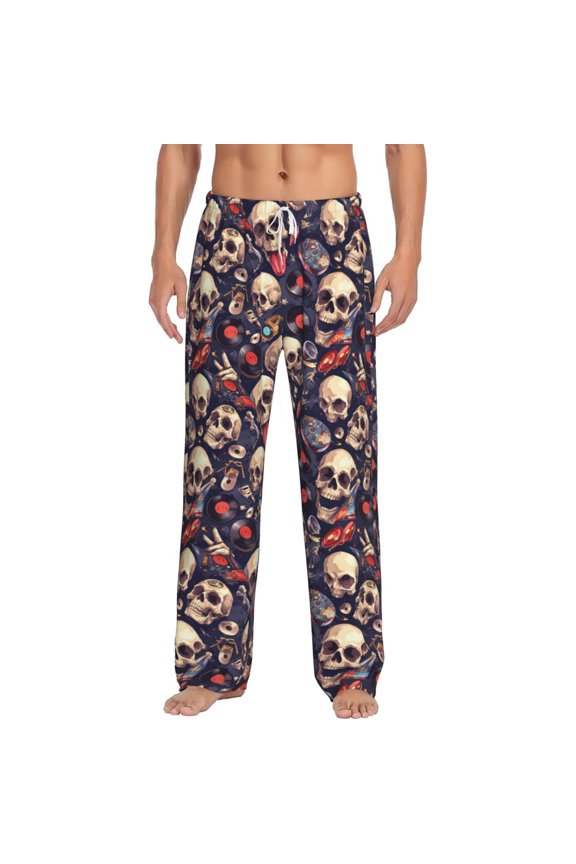 Skull record rock Print Pajama Pants for Men,Men’s Pajama Bottoms,Mens PJ Pants with Pockets & Button Fly-Large