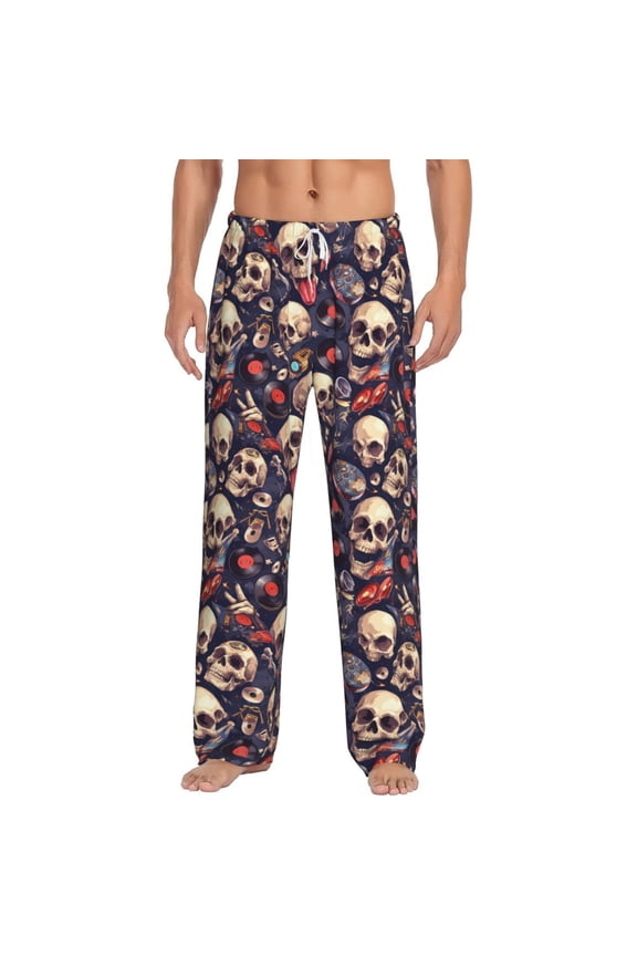 Skull record rock Print Pajama Pants for Men,Men’s Pajama Bottoms,Mens PJ Pants with Pockets & Button Fly-Small