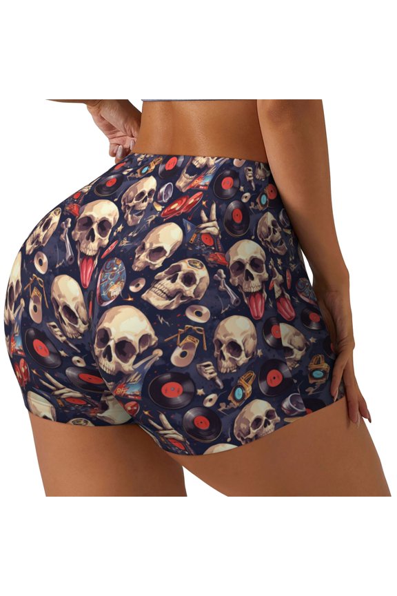 Skull record rock Print Women's Biker Shorts,Workout Gym Shorts,Scrunch Shorts,Tummy Control Hidden Scrunch Running Yoga Shorts-Medium